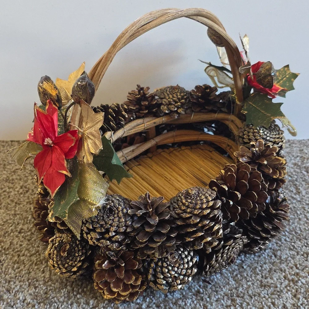 Vintage Pinecone Basket with Red And Gold Accents